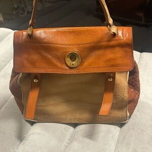 Vintage YSL MUSE TWO in TAN LEATHER and CANVAS BAG BORSA SAC
